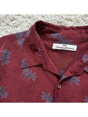 Tommy Bahama 100% Silk Shirt Adult Large Hawaiian Maroon Button Up (Large) Mens